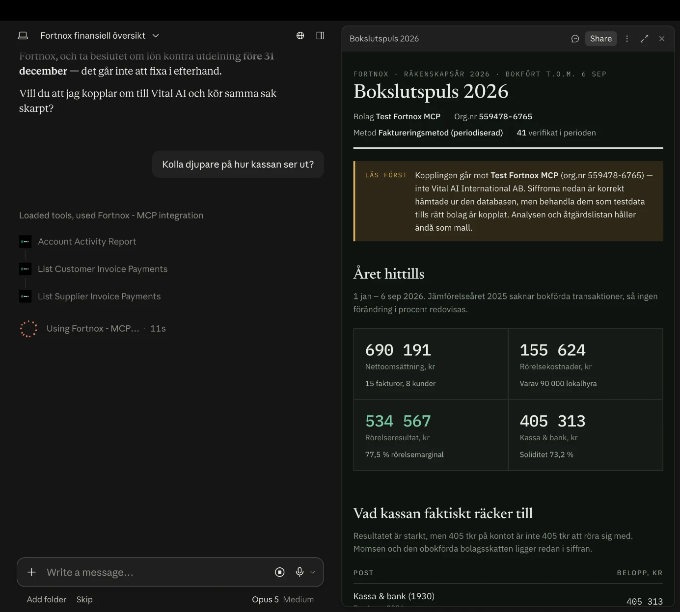Claude analyserar bokföringen live via Fortnox AI-kopplingen och visar bokslutspuls med nyckeltal